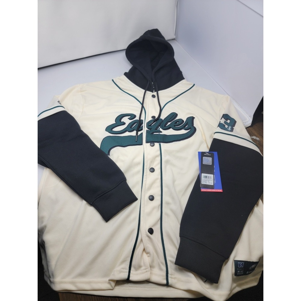 Philadelphia Eagles Hooded Baseball-Style Jersey Sweater Cream/Black Sz Medium